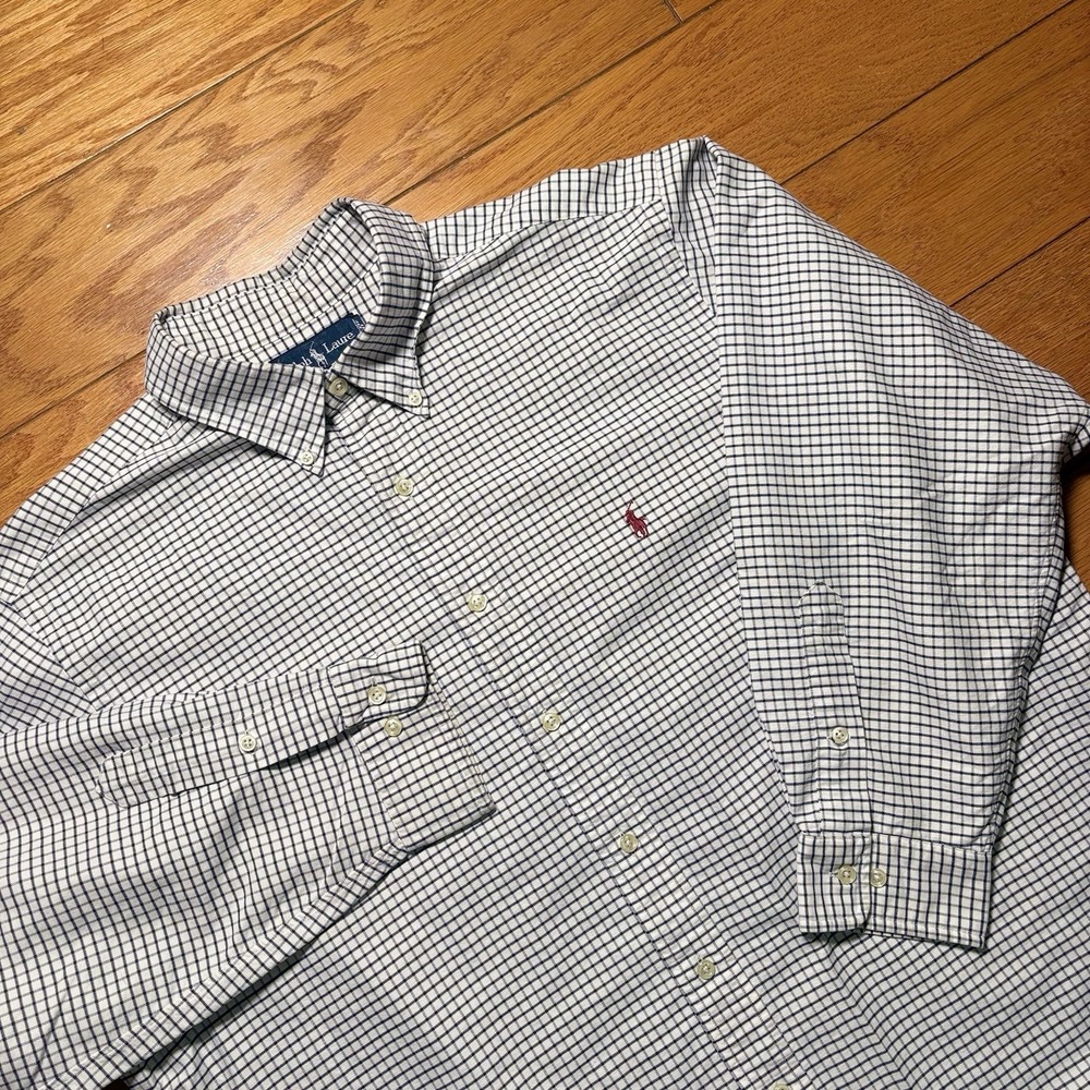 Polo Ralph Lauren White Navy Plaid Gingham Button Up Oxford Shirt Sz: 17.5-33